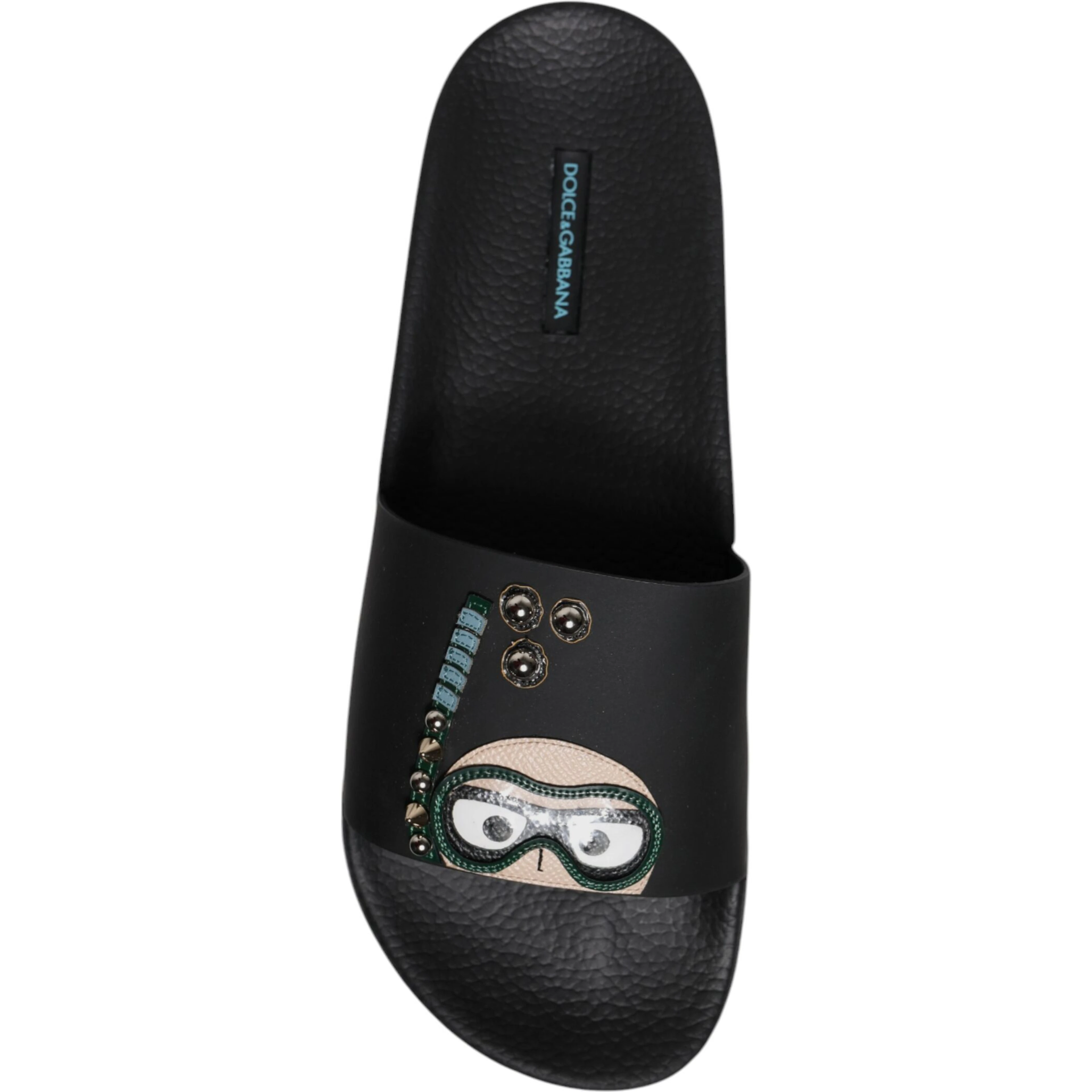 Black Divers Leather Flats Slides Sandals Beachwear Shoes