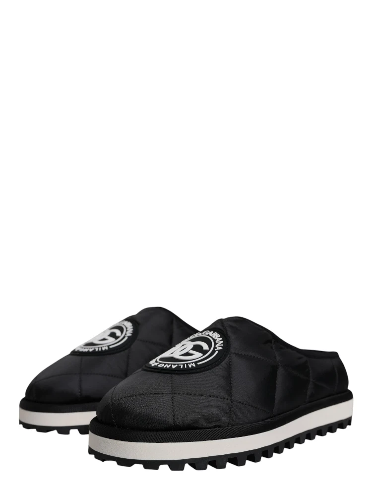 Black Nylon Quilted Logo Patch Sandals Slides Shoes