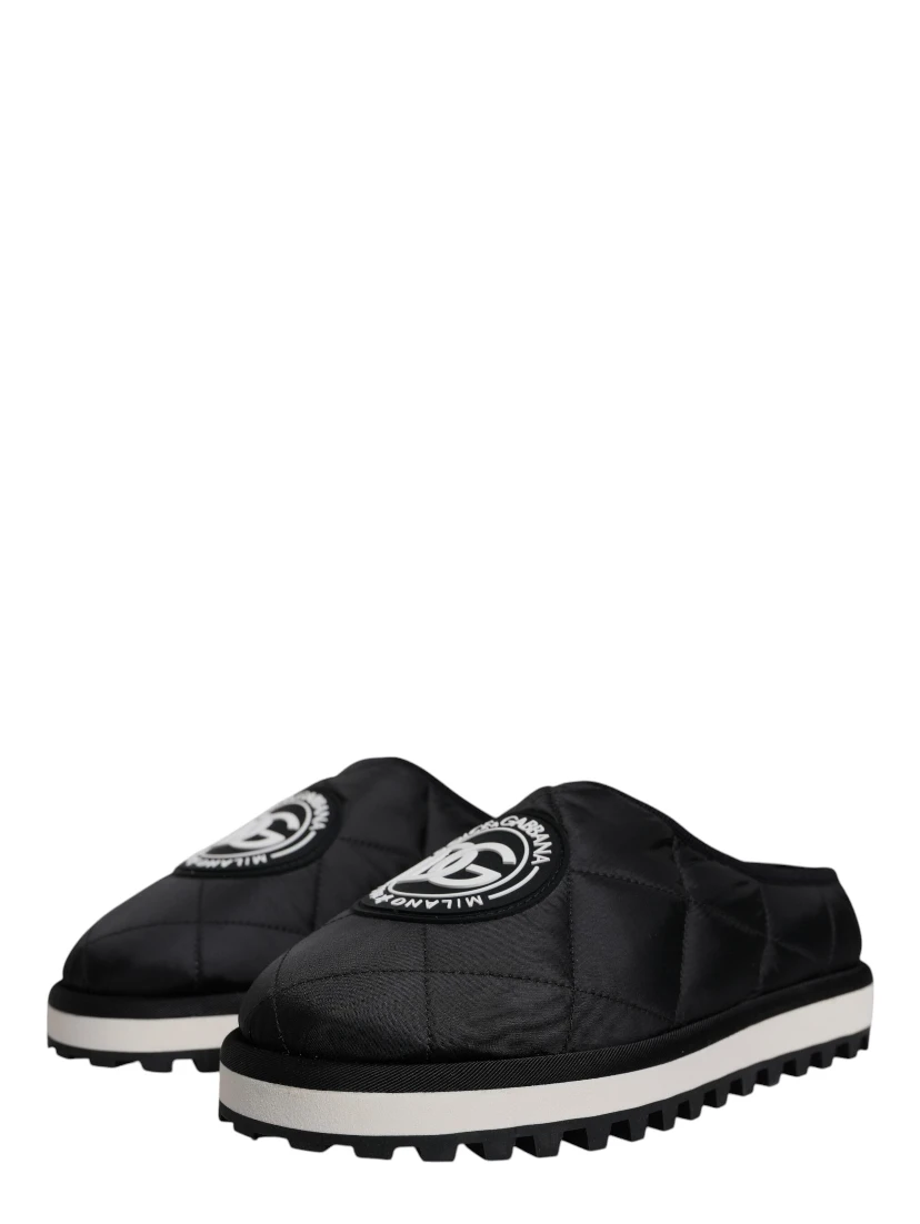 Black Nylon Quilted Logo Patch Sandals Slides Shoes