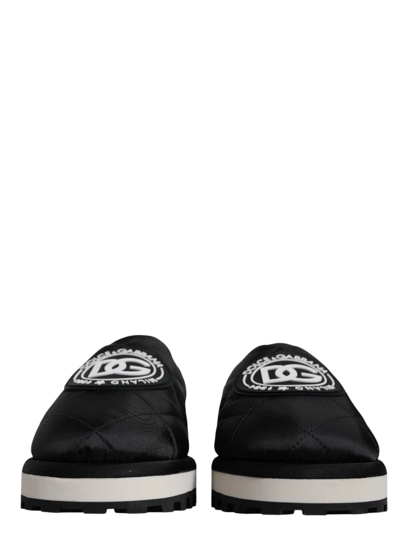 Black Nylon Quilted Logo Patch Sandals Slides Shoes