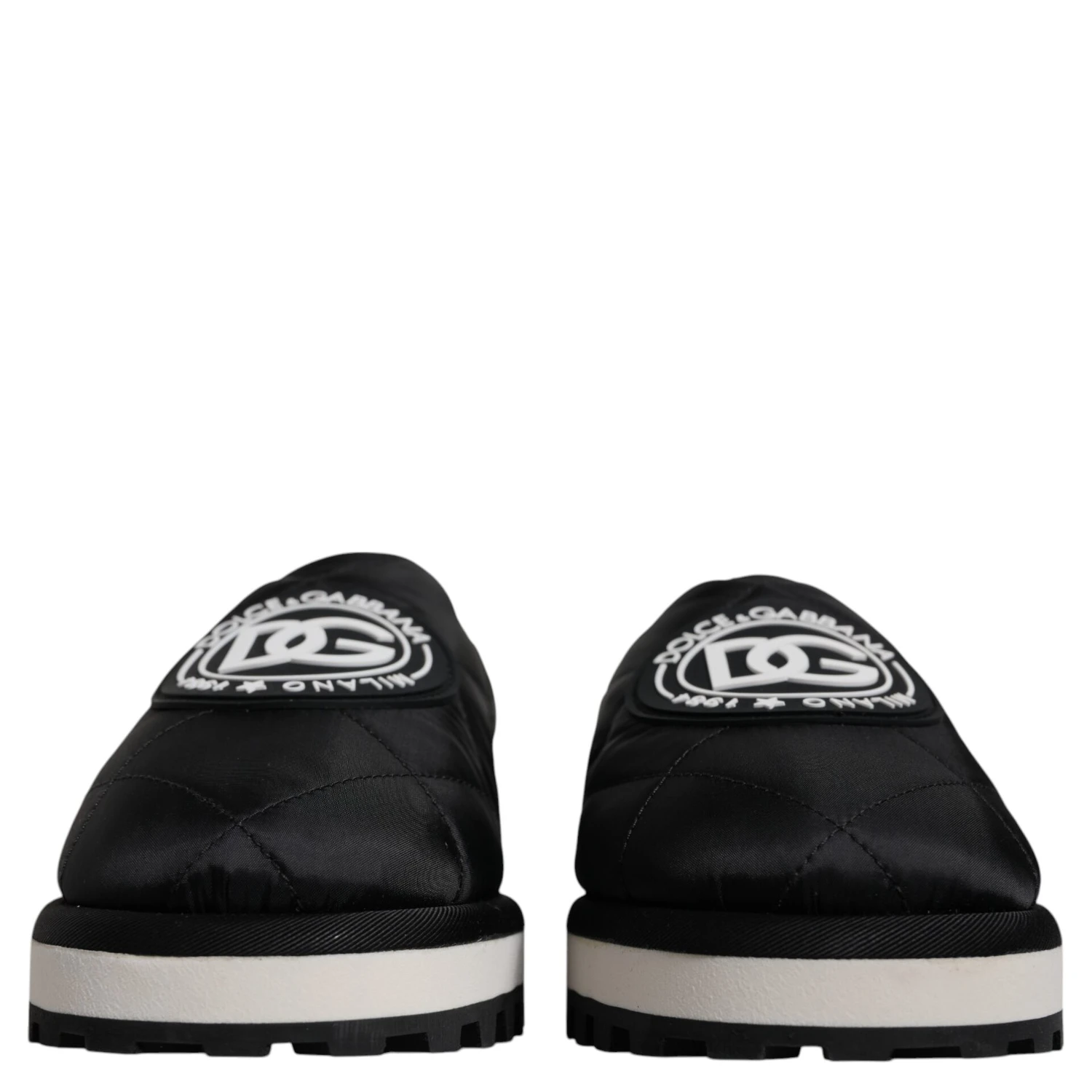 Black Nylon Quilted Logo Patch Sandals Slides Shoes