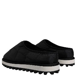 Black Nylon Quilted Logo Patch Sandals Slides Shoes