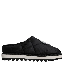 Black Nylon Quilted Logo Patch Sandals Slides Shoes