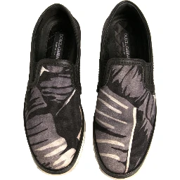 Black Canvas Tropical Print Slip On Shoes