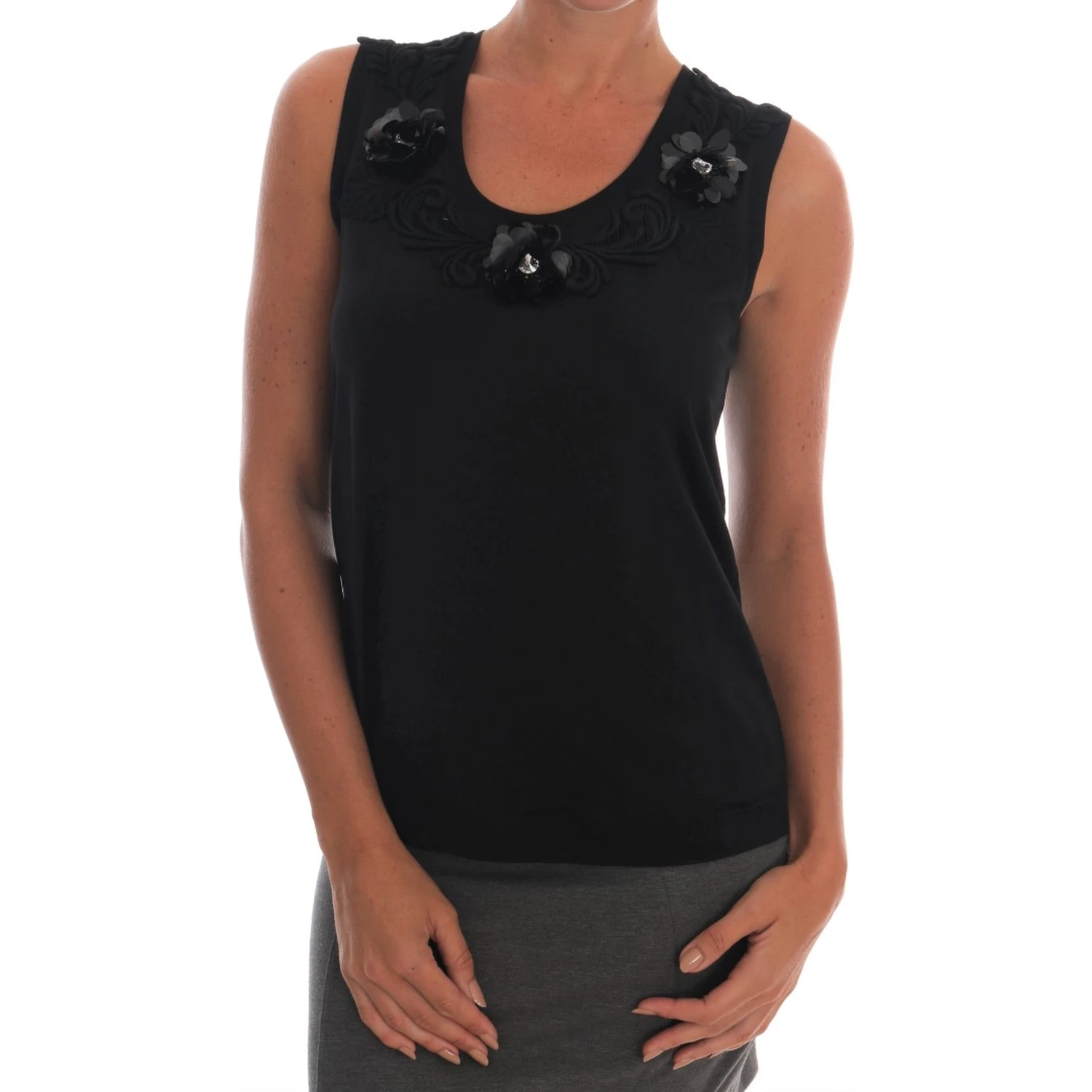 Black Cotton Floral Crystal Tank Top