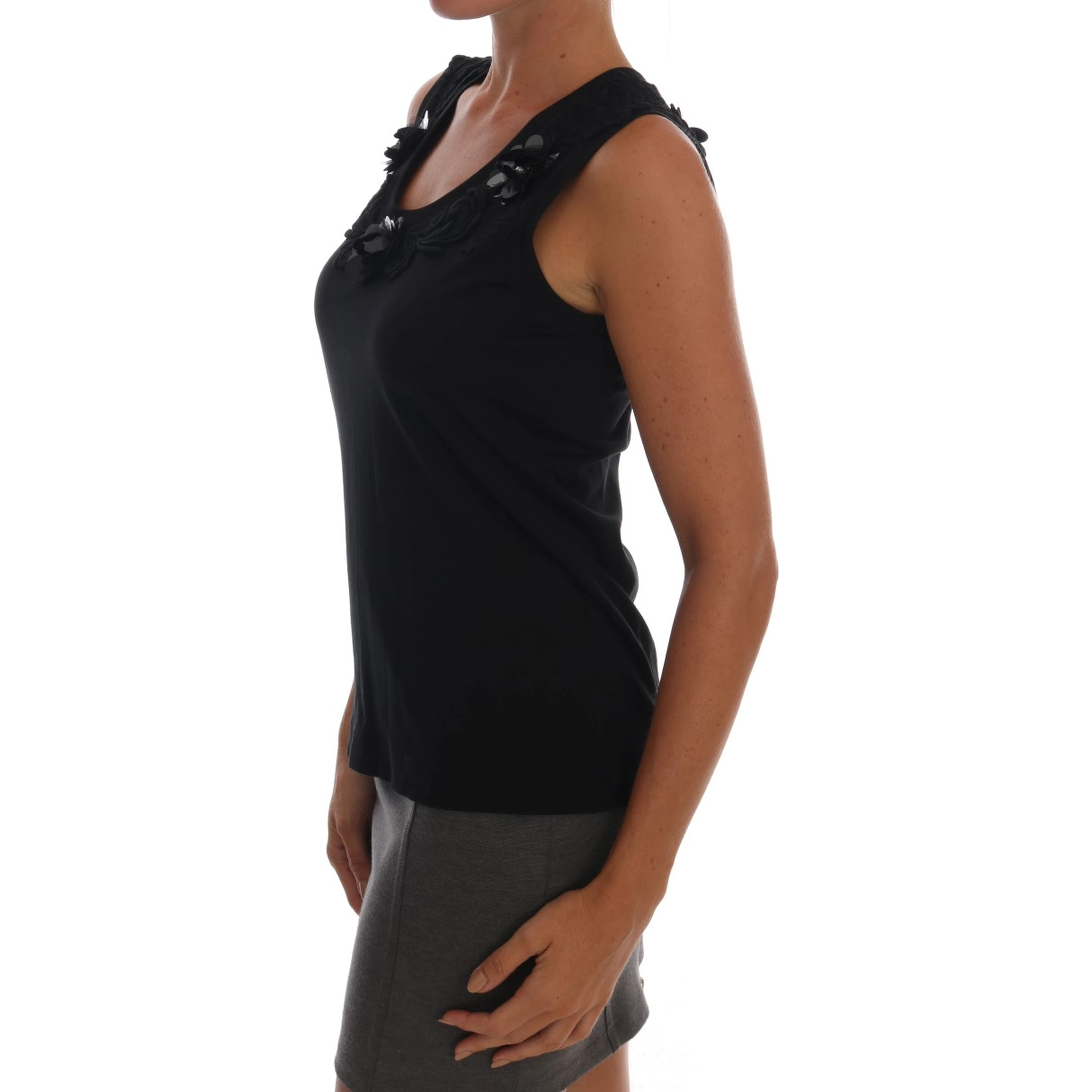 Black Cotton Floral Crystal Tank Top