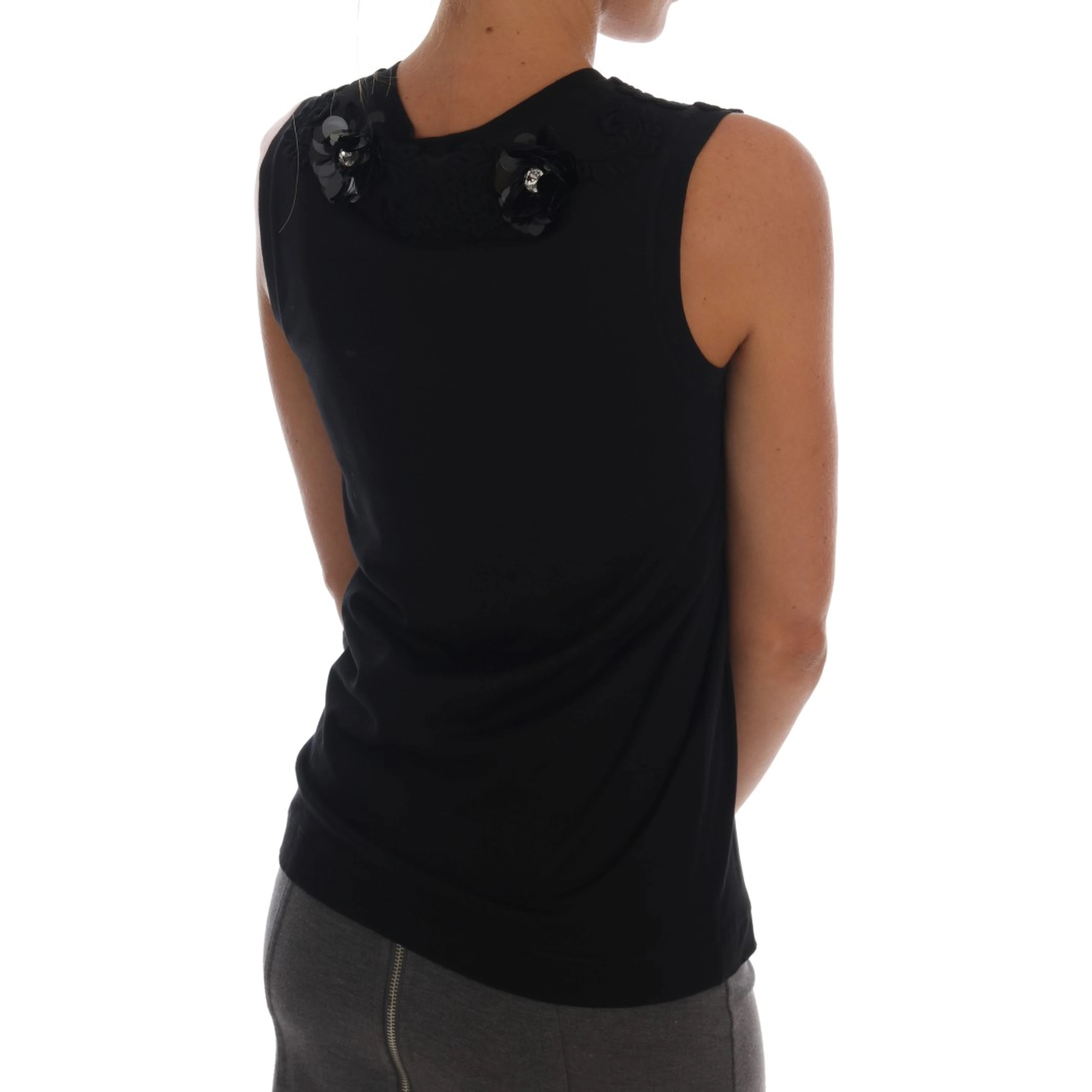 Black Cotton Floral Crystal Tank Top
