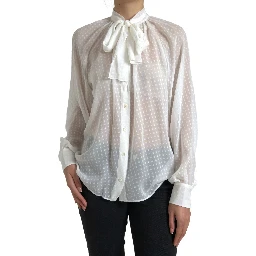White Silk Sheer Tied Neck Polka Dots Blouse