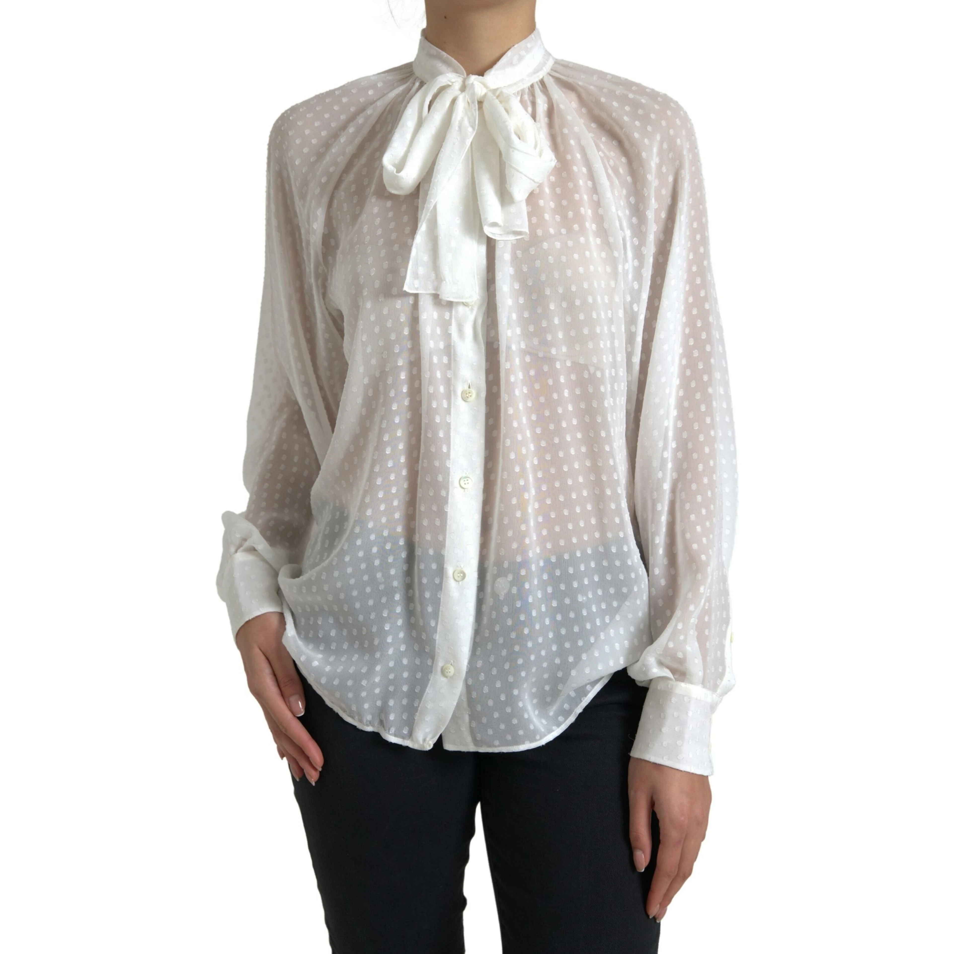 White Silk Sheer Tied Neck Polka Dots Blouse