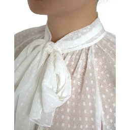 White Silk Sheer Tied Neck Polka Dots Blouse