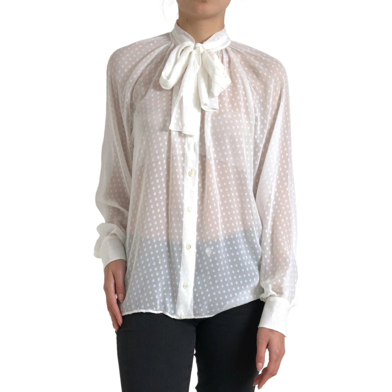 White Silk Sheer Tied Neck Polka Dots Blouse