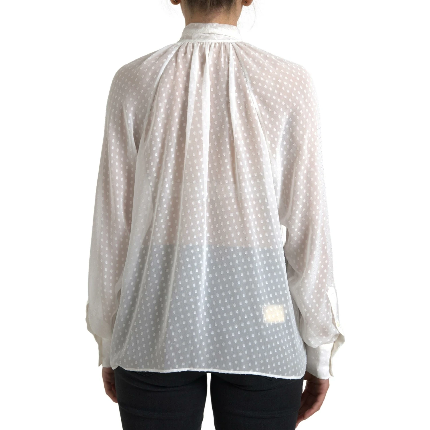 White Silk Sheer Tied Neck Polka Dots Blouse