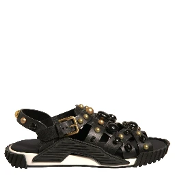 Black Leather Studded Slides Sandals Shoes