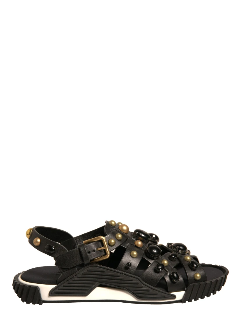 Black Leather Studded Slides Sandals Shoes