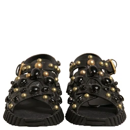 Black Leather Studded Slides Sandals Shoes