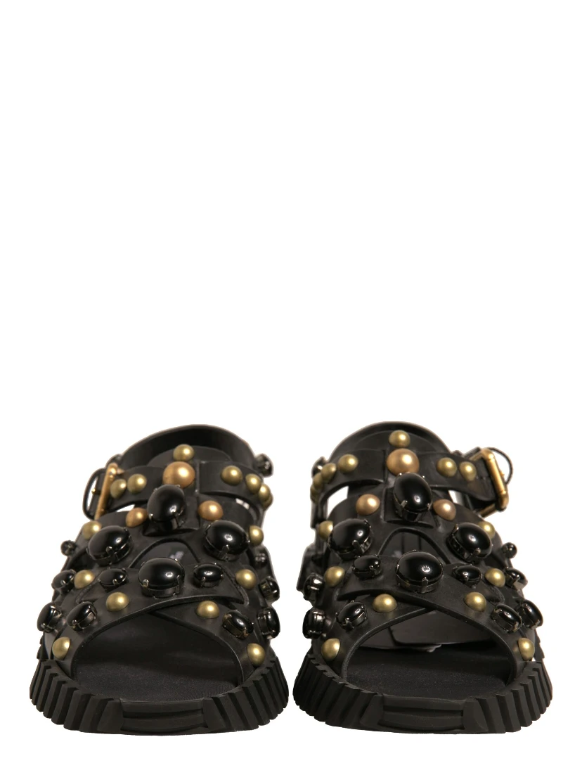Black Leather Studded Slides Sandals Shoes