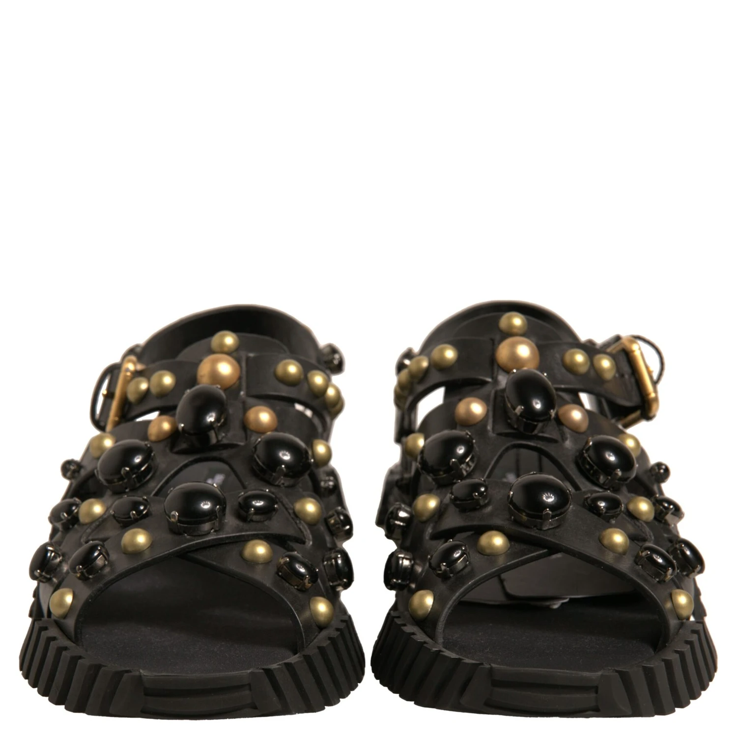 Black Leather Studded Slides Sandals Shoes