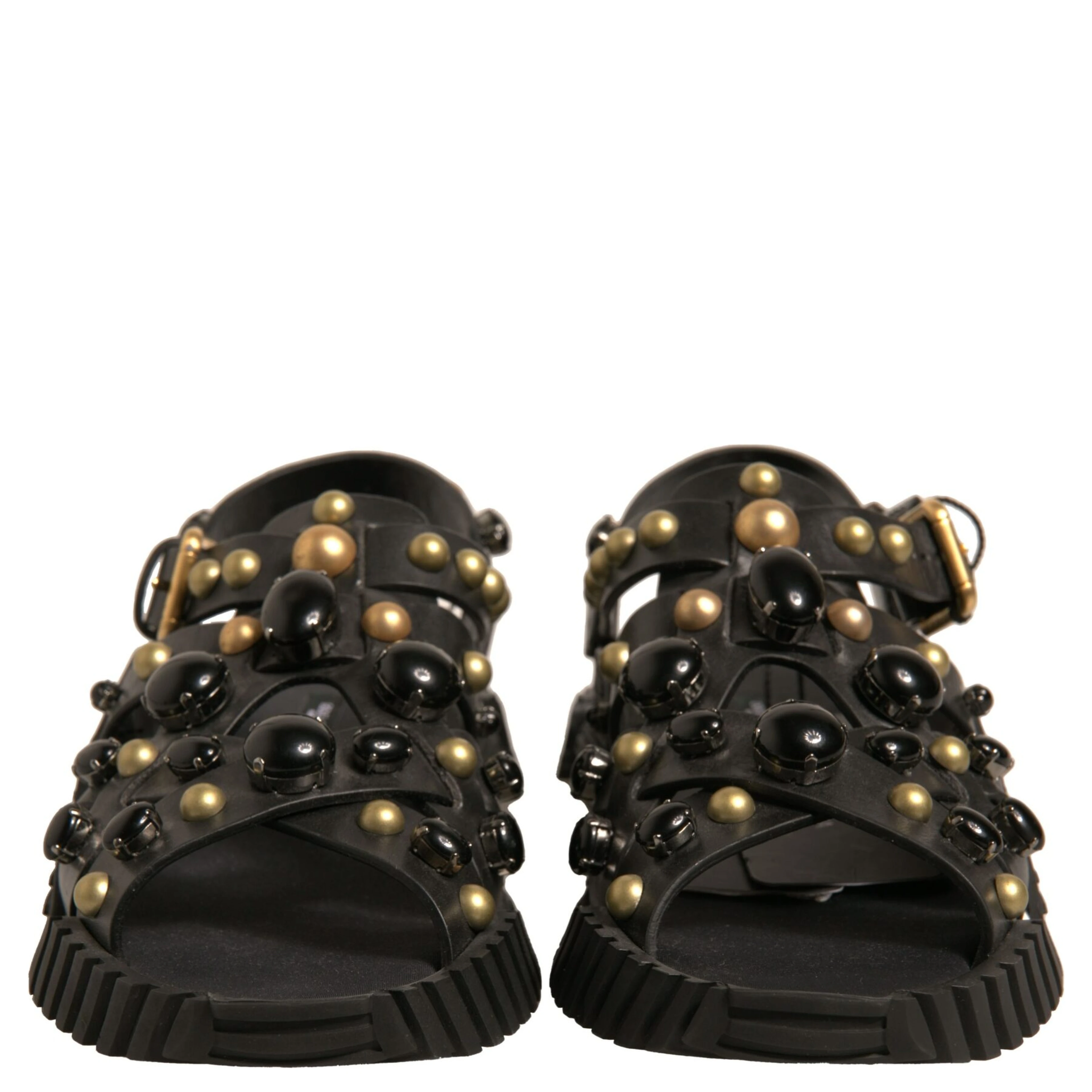 Black Leather Studded Slides Sandals Shoes