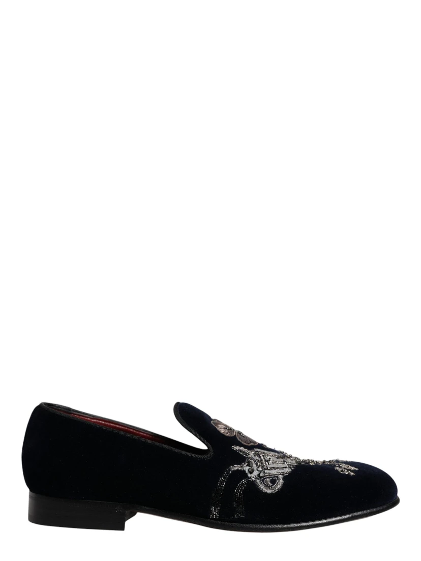 Black Velvet Floral Gun Loafers Dress Shoes