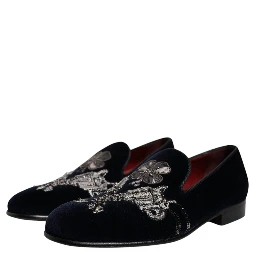 Black Velvet Floral Gun Loafers Dress Shoes