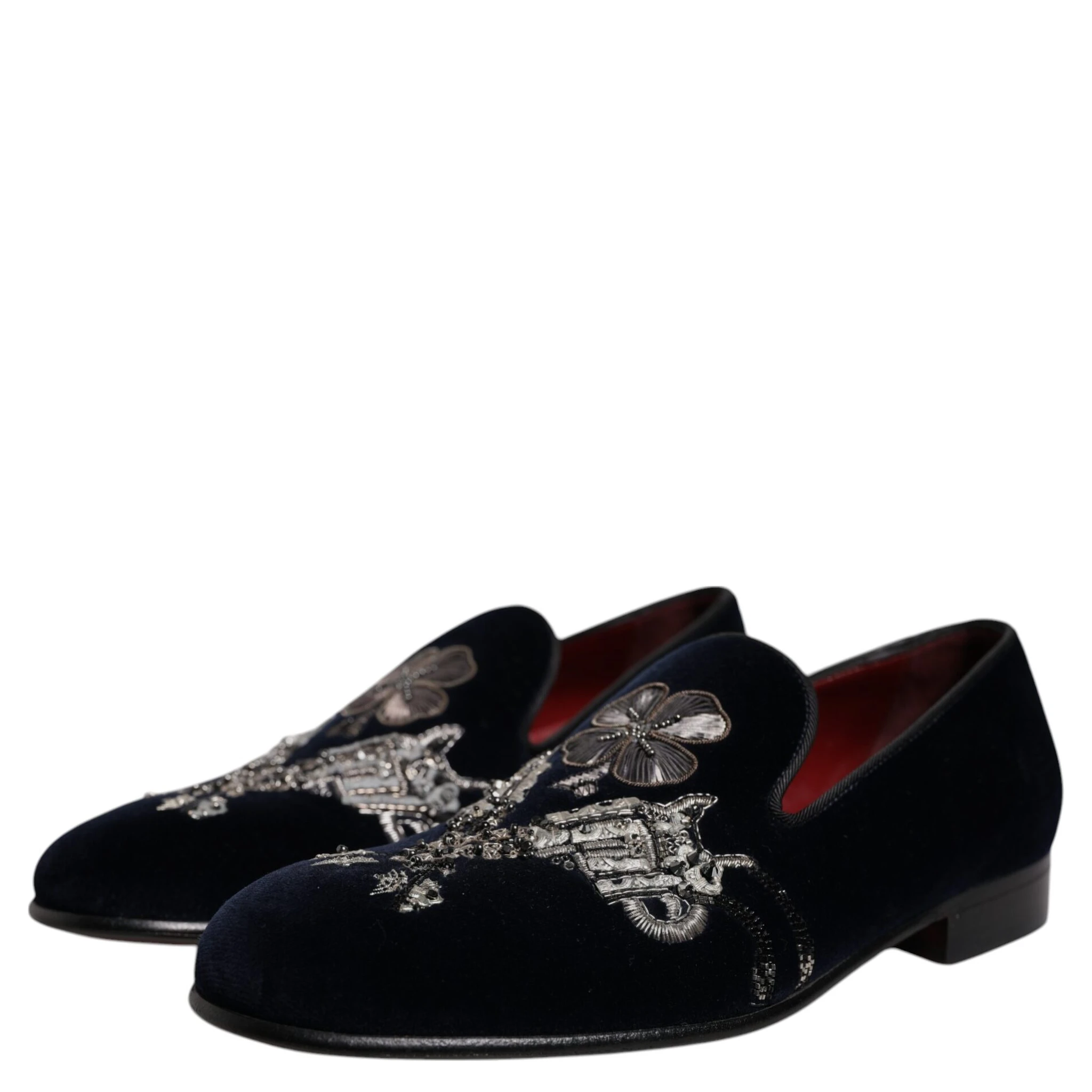 Black Velvet Floral Gun Loafers Dress Shoes