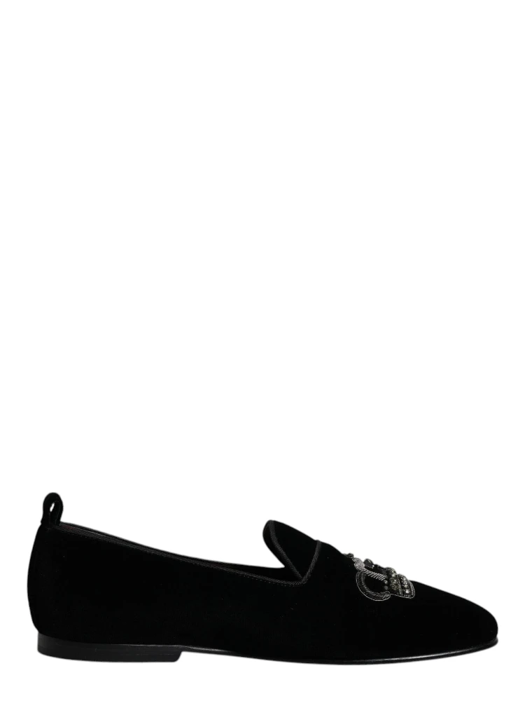 Black Velvet Crystal Crown Loafers Formal Dress Shoes