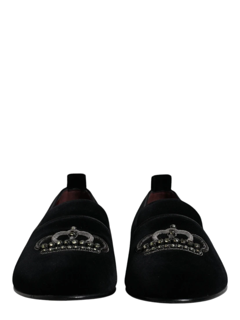 Black Velvet Crystal Crown Loafers Formal Dress Shoes
