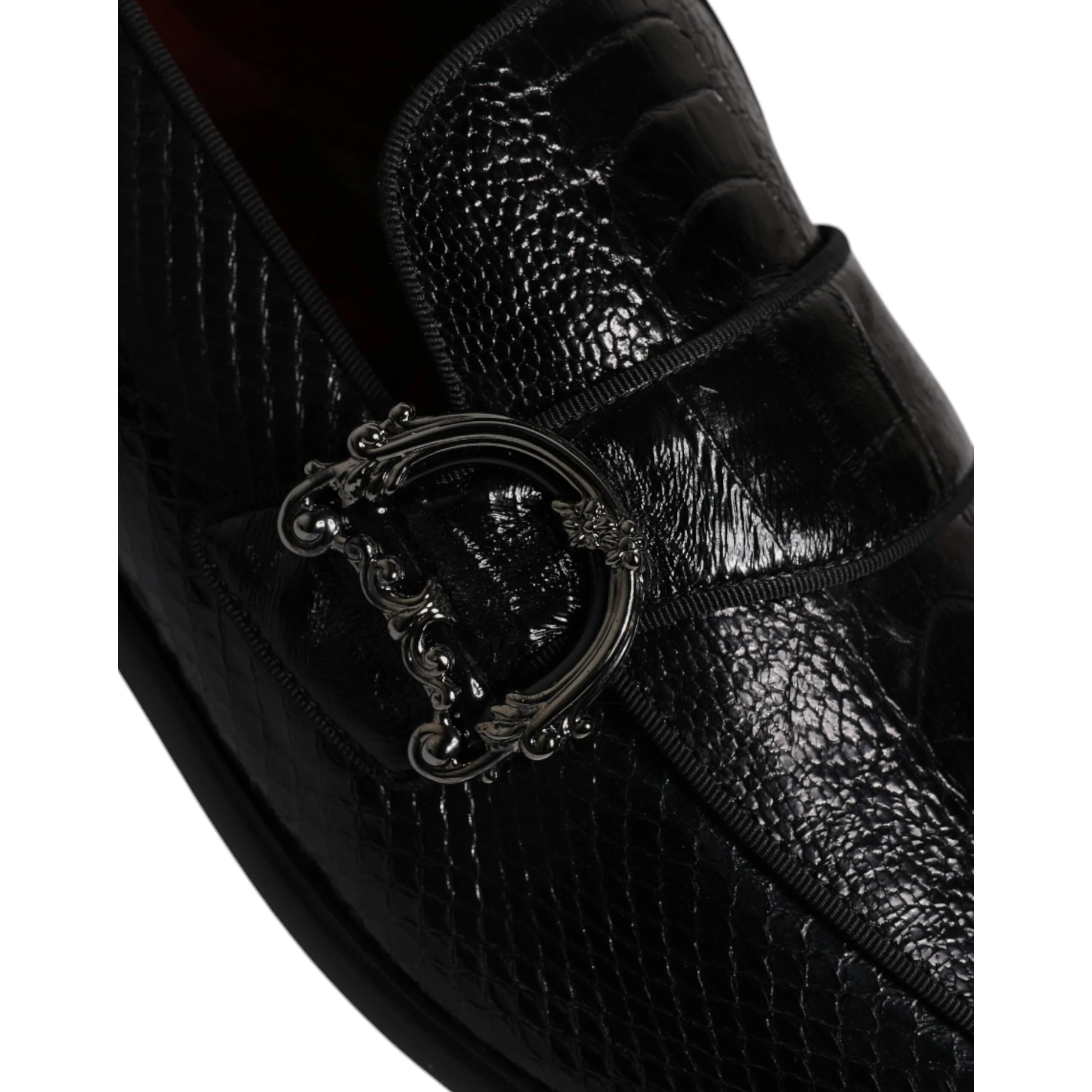 Black Exotic Leather DG Logo Loafers Formal Dress Shoes