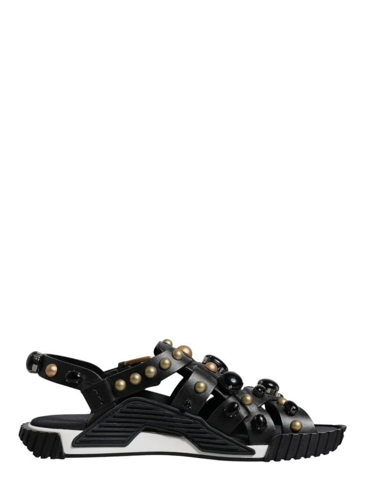 Black Leather Studded Slides Sandals Shoes