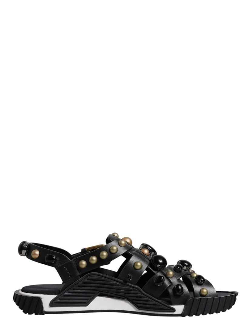 Black Leather Studded Slides Sandals Shoes