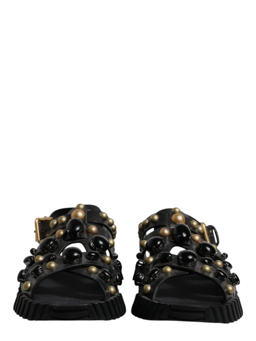 Black Leather Studded Slides Sandals Shoes