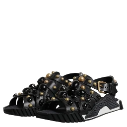 Black Leather Studded Slides Sandals Shoes