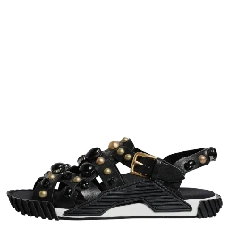 Black Leather Studded Slides Sandals Shoes