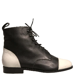 Black White Leather Lace Up Flats Ankle Boots Shoes