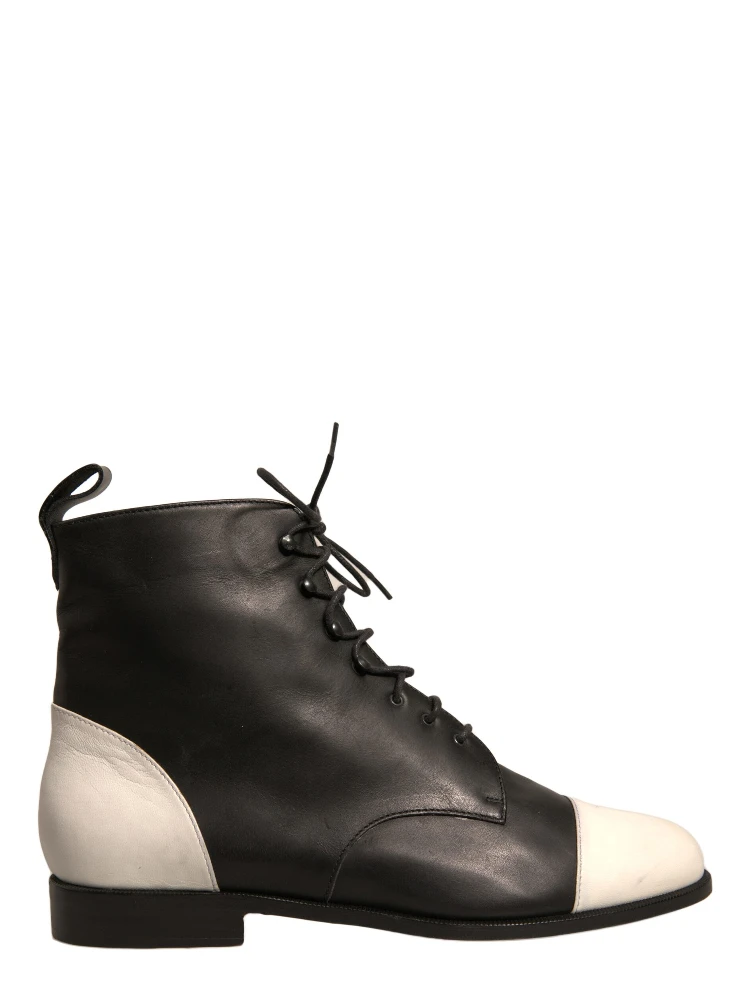 Black White Leather Lace Up Flats Ankle Boots Shoes
