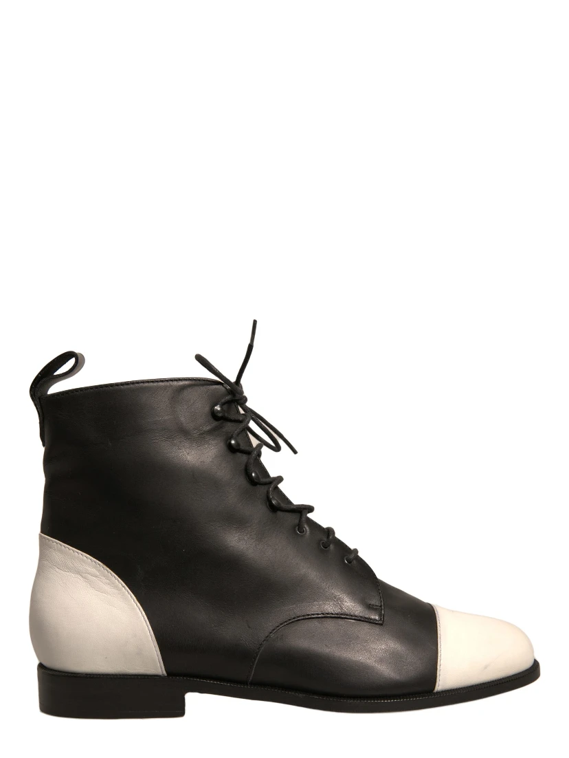Black White Leather Lace Up Flats Ankle Boots Shoes