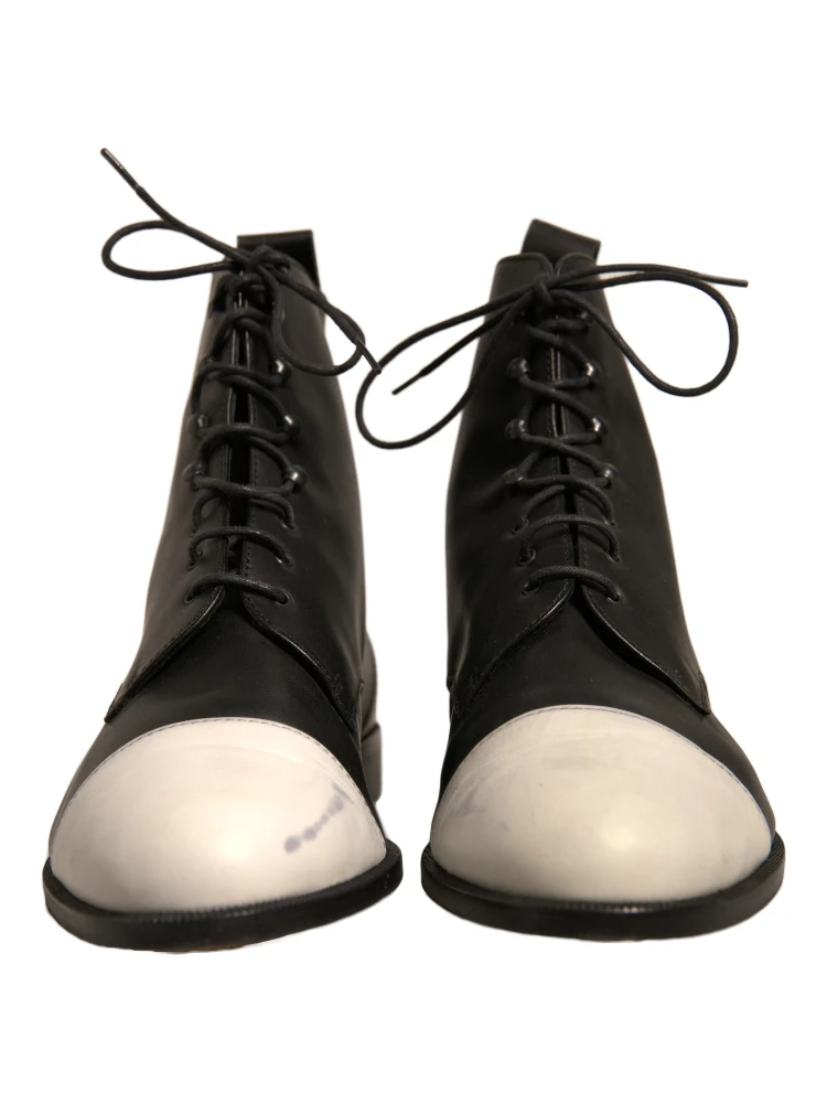 Black White Leather Lace Up Flats Ankle Boots Shoes alternative