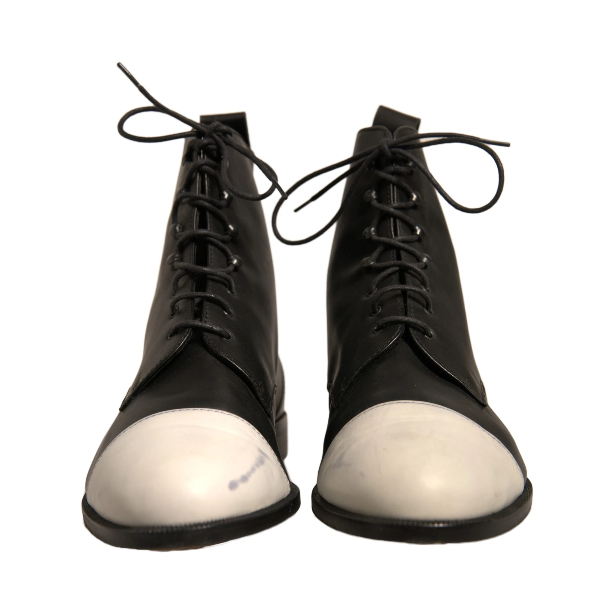 Black White Leather Lace Up Flats Ankle Boots Shoes