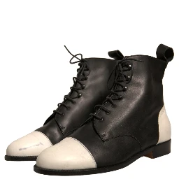 Black White Leather Lace Up Flats Ankle Boots Shoes