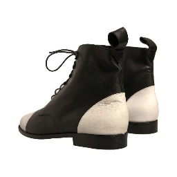 Black White Leather Lace Up Flats Ankle Boots Shoes