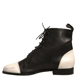 Black White Leather Lace Up Flats Ankle Boots Shoes