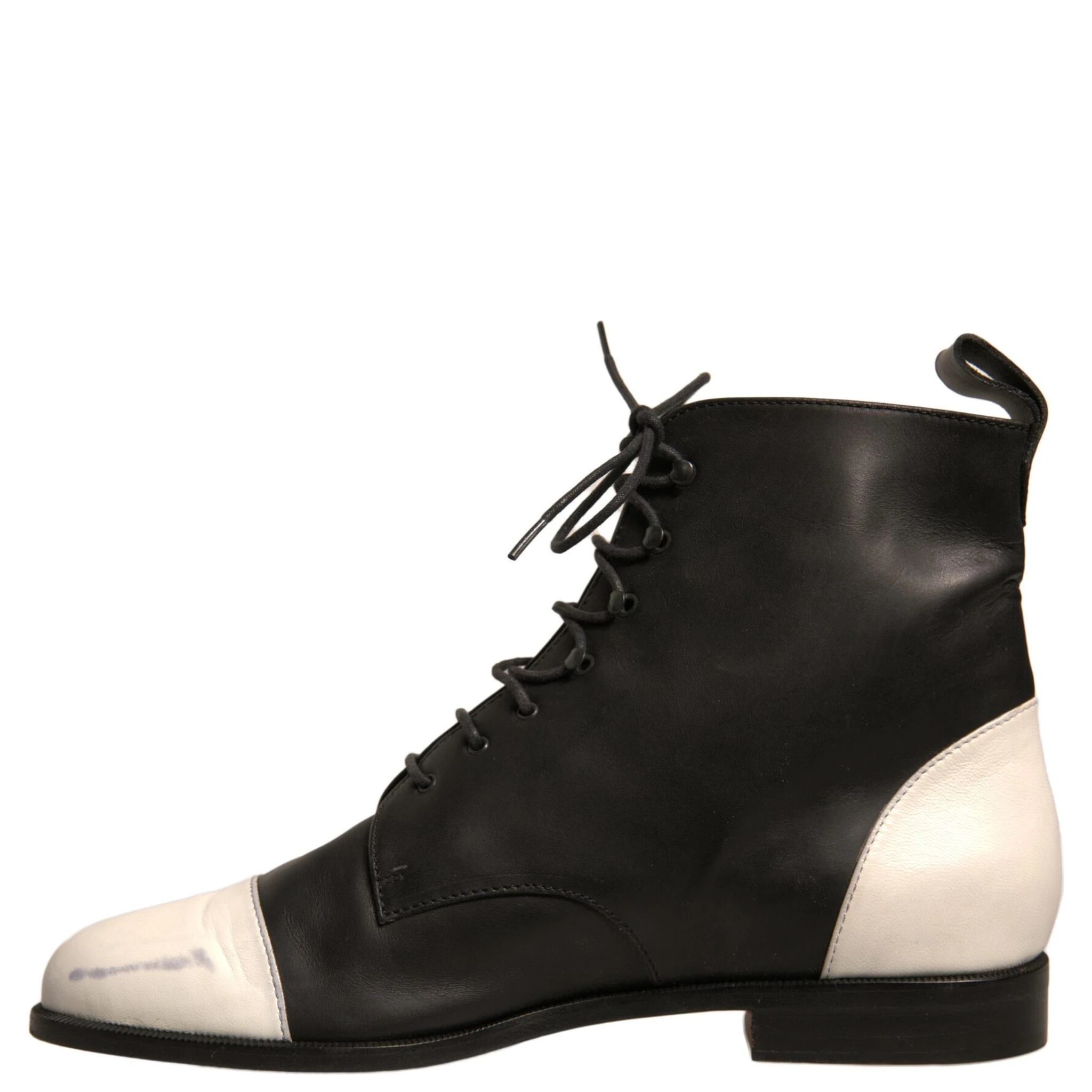 Black White Leather Lace Up Flats Ankle Boots Shoes