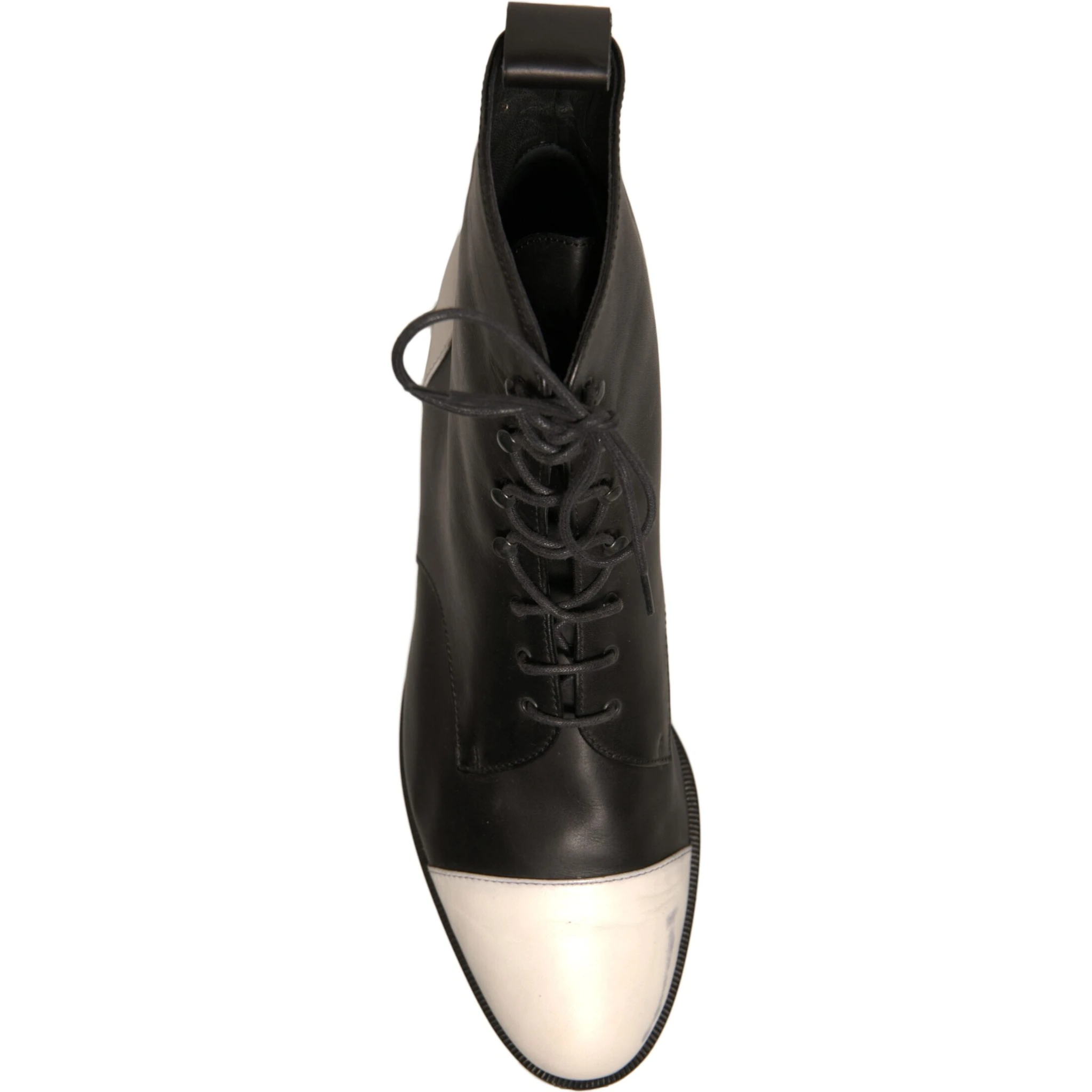 Black White Leather Lace Up Flats Ankle Boots Shoes