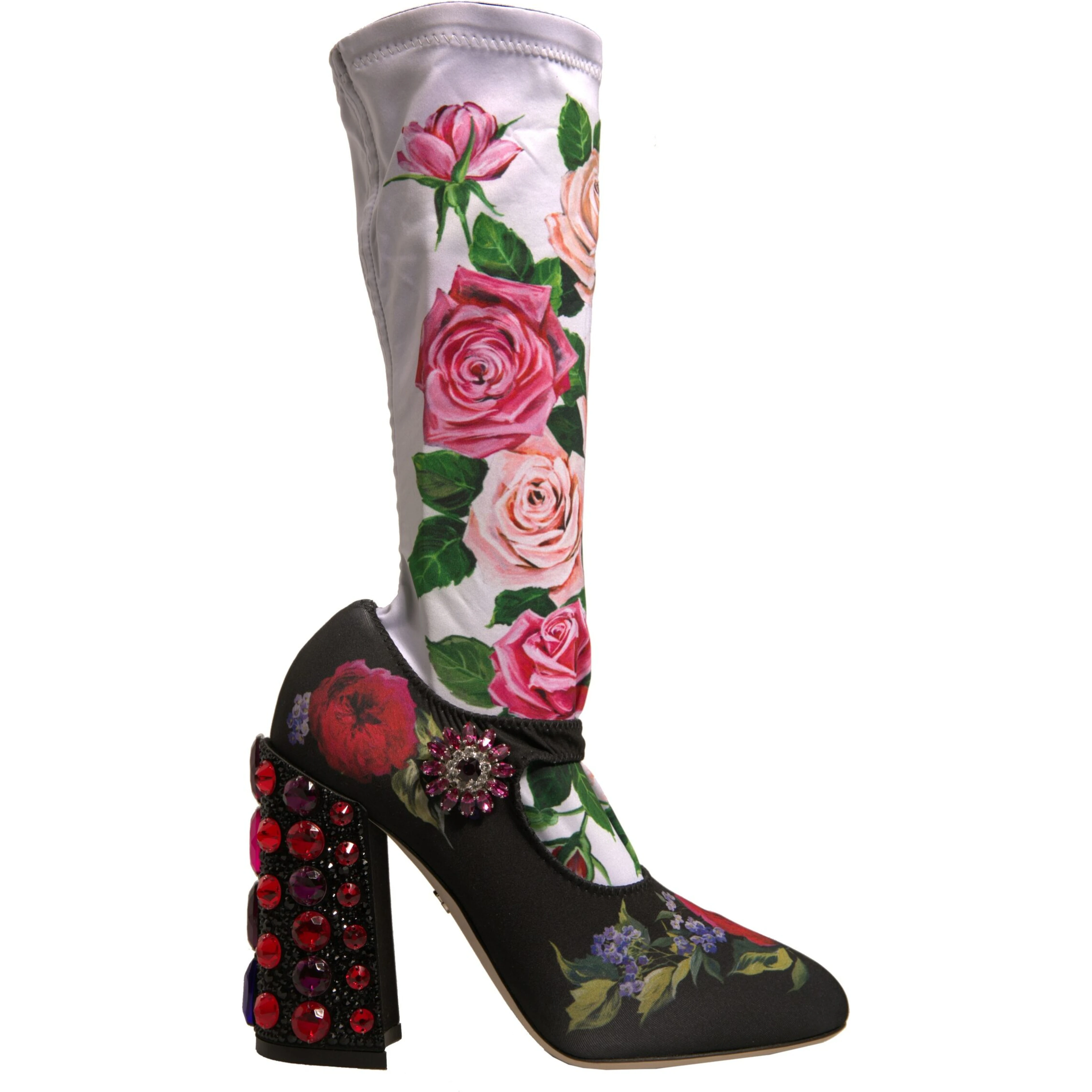 Black Floral Socks Crystal Boots Jersey Shoes