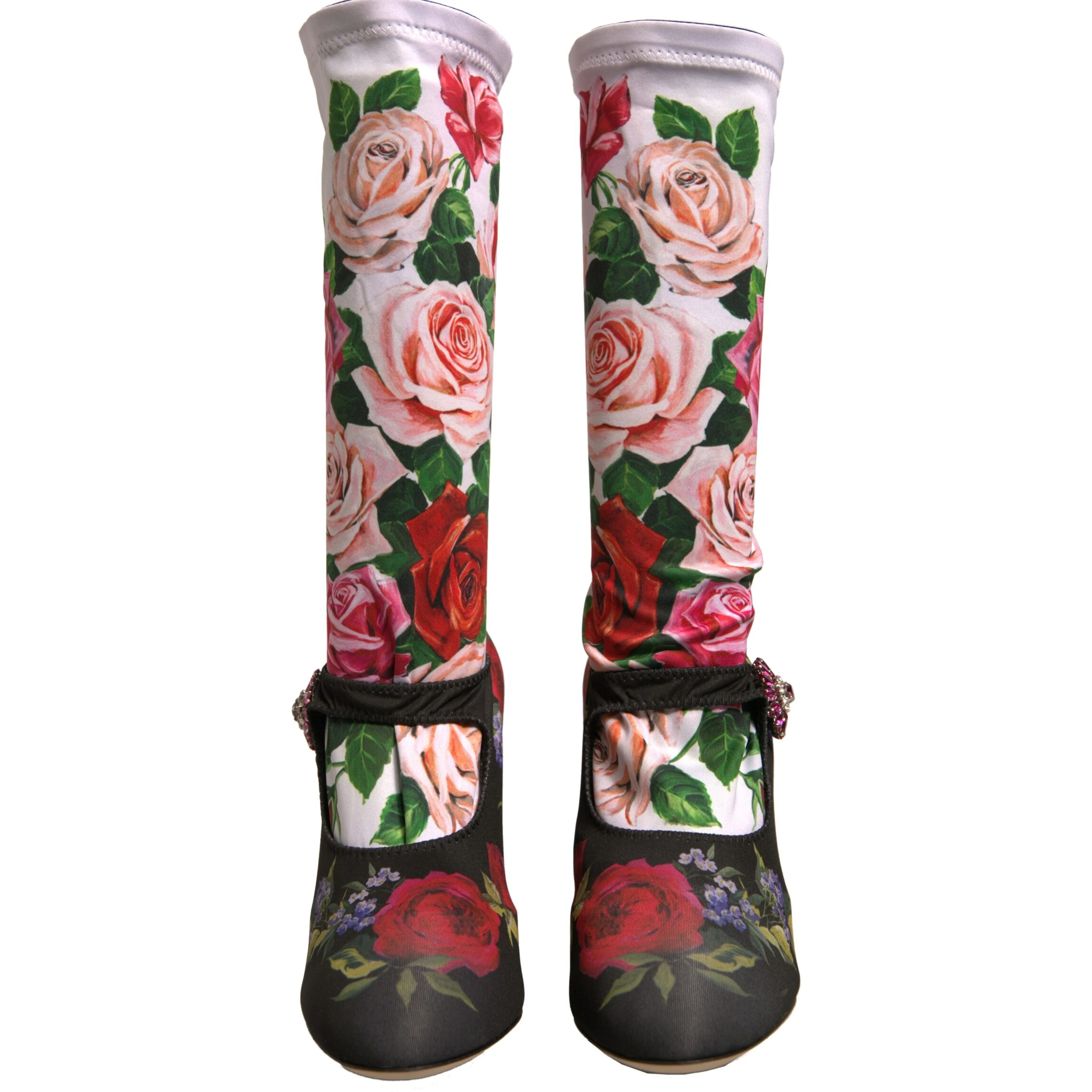 Black Floral Socks Crystal Boots Jersey Shoes