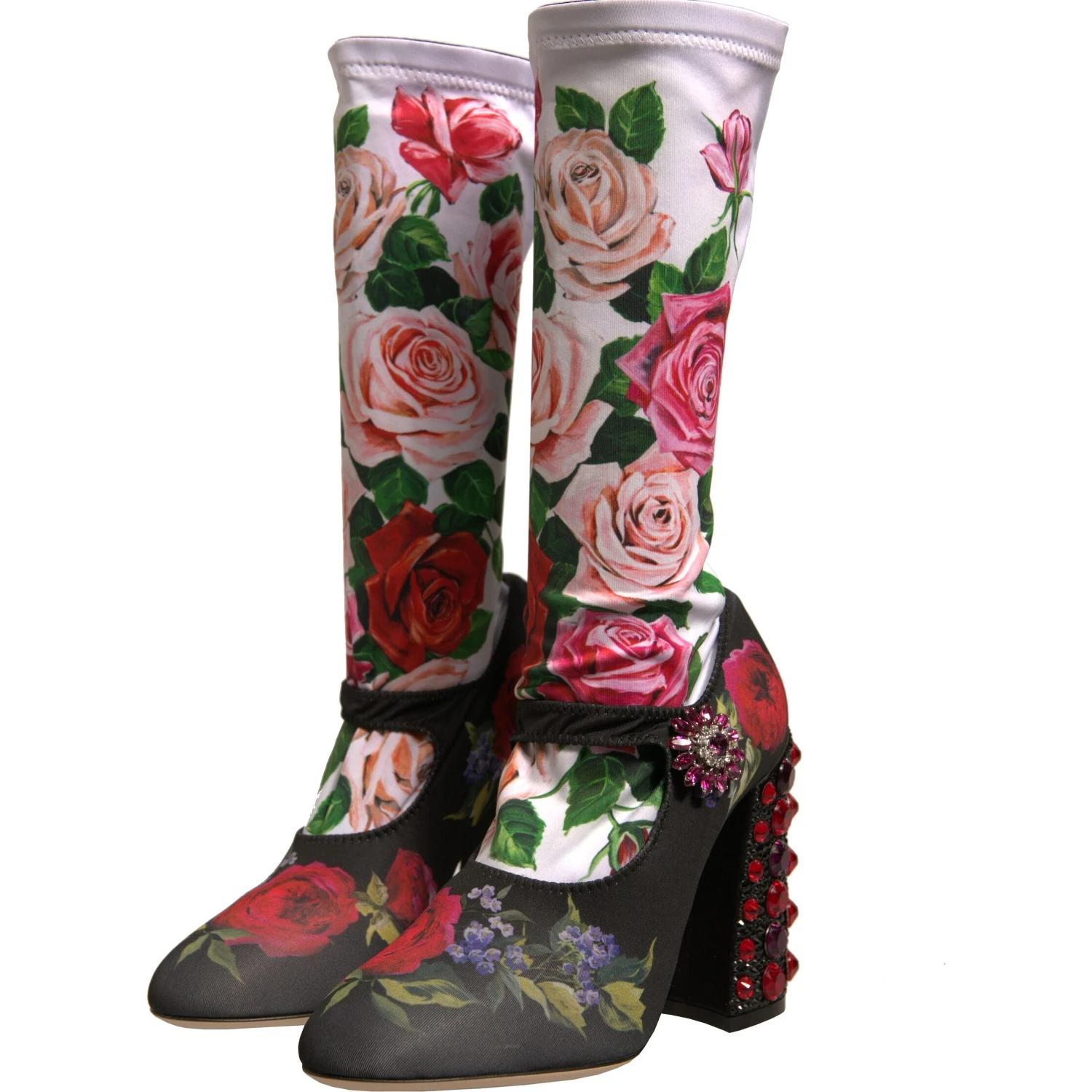 Black Floral Socks Crystal Boots Jersey Shoes