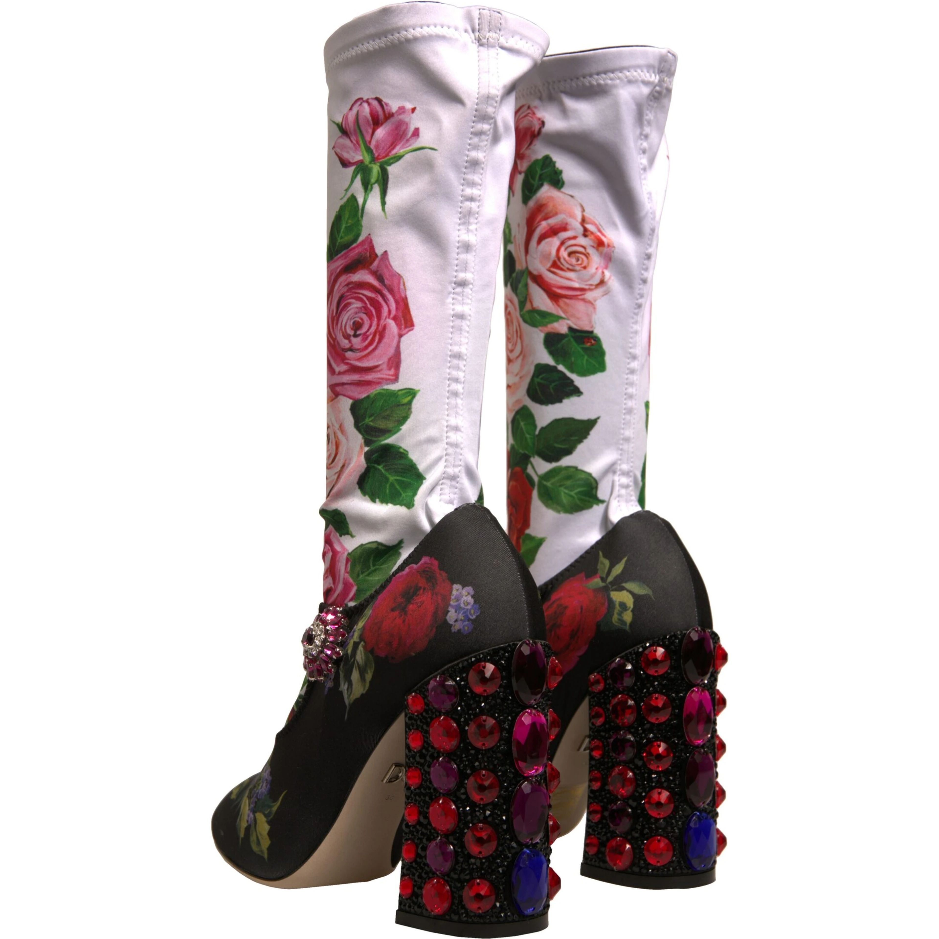 Black Floral Socks Crystal Boots Jersey Shoes