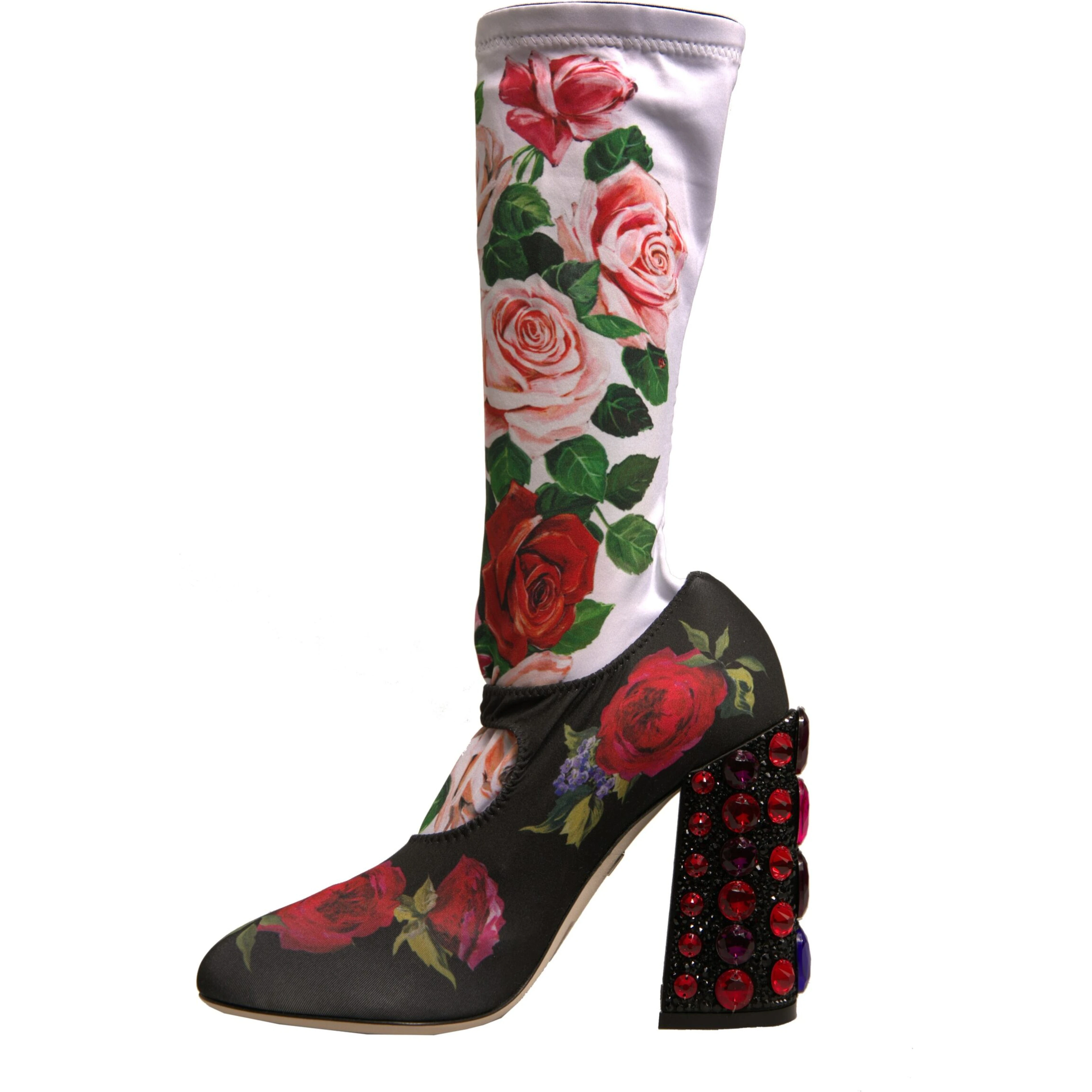 Black Floral Socks Crystal Boots Jersey Shoes