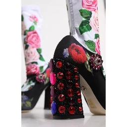 Black Floral Socks Crystal Boots Jersey Shoes