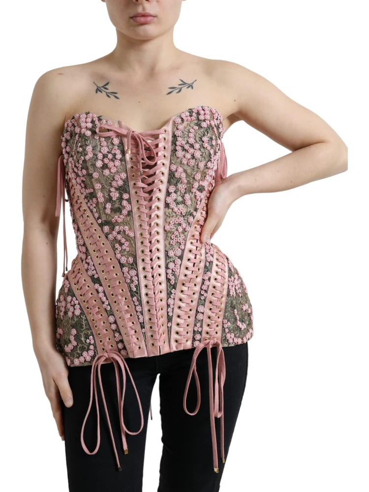 Pink Floral Applique Bustier Corset Top